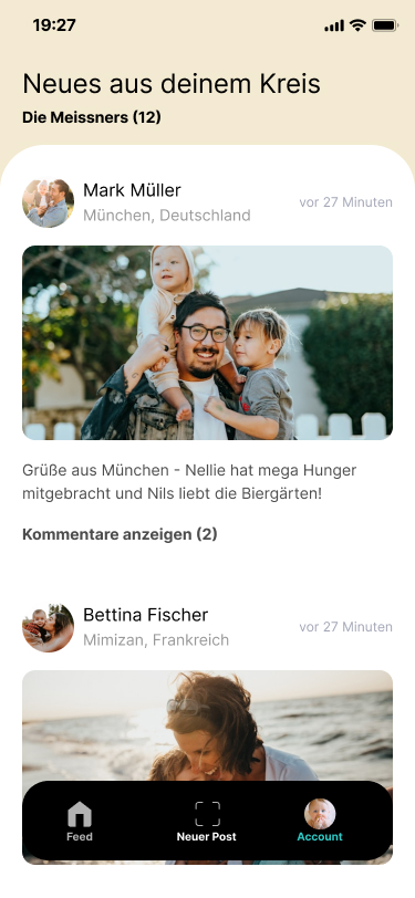 Startseite der App mit Familienfeed und neuen Fotos